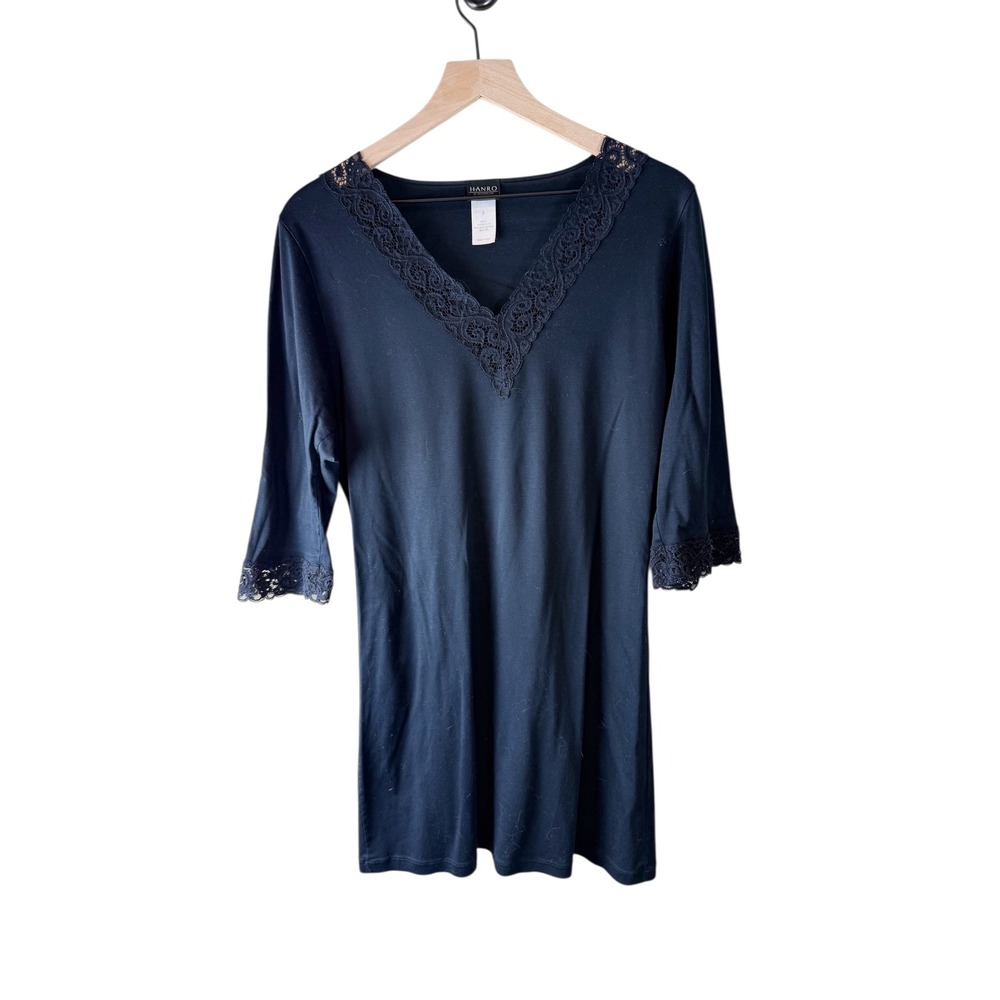 Hanro of Switzerland Black Mercerized Cotton Lace Trim V-Neck Nightgown M
